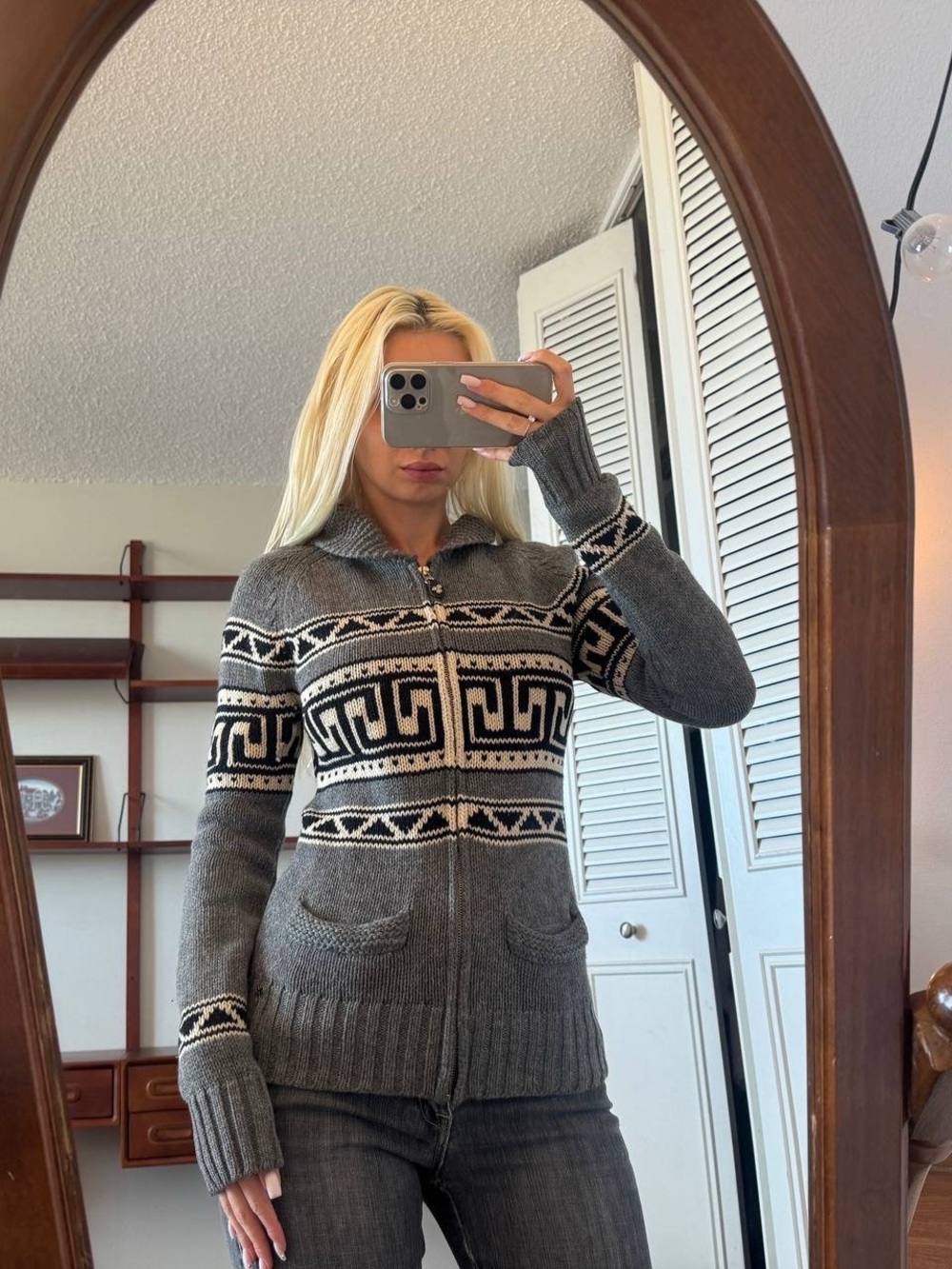 Vintage TNA Lamb wool Patterned Sweater Geometric Zip Sweater